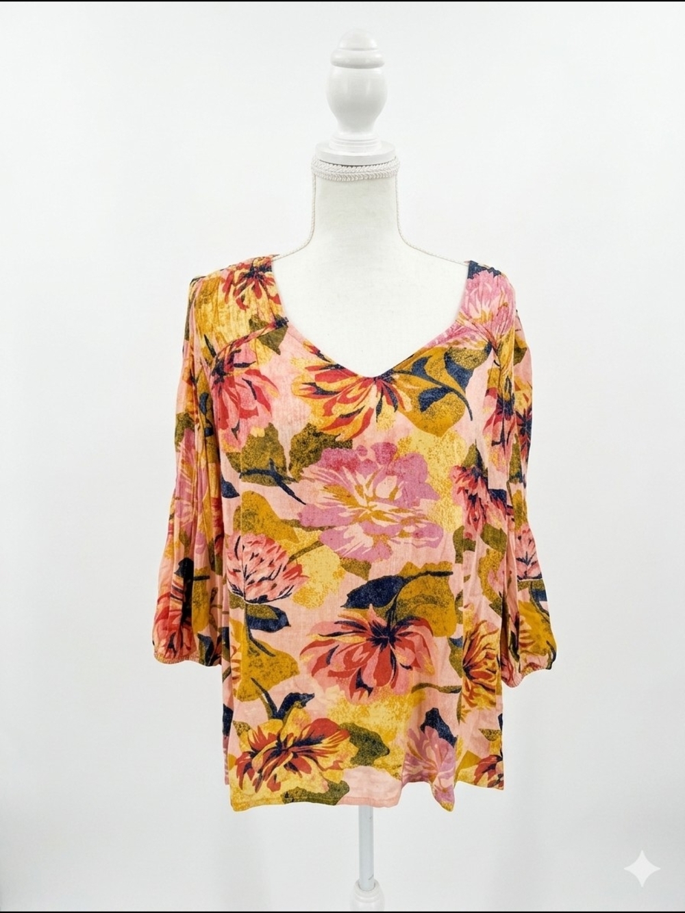 Terra & Sky Floral V-Neck Blouse in Pink and Mustard‎ Ox